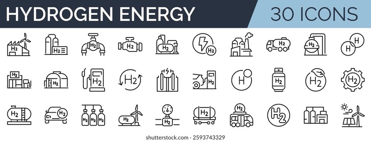 Set of 30 outline icons related to hydrogen energy. Linear icon collection. Editable stroke. Vector illustration