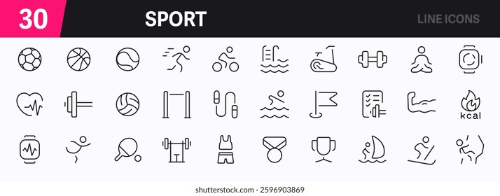 Set of 30 outline icons related to sports. This outline icon set includes ball, sport equipment, athlete, trophy, stadium, fitness activity, workout and more. Editable stroke. Vector illustration