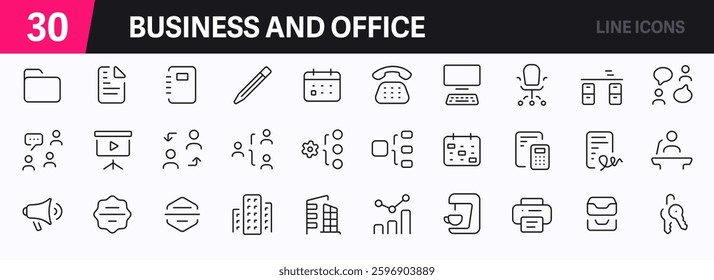 Set of 30 outline icons related to business and office. This outline icon set includes briefcase, laptop, desk, office building, document, phone, and more. Editable stroke. Vector illustration