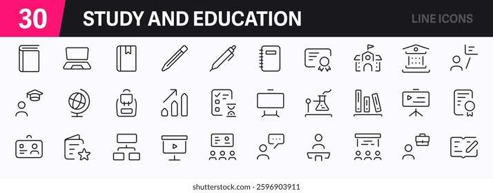 Set of 30 outline icons related to education. Includes books, graduation caps, diplomas, pencils, school buildings, online learning, and more. Editable stroke. Vector illustration