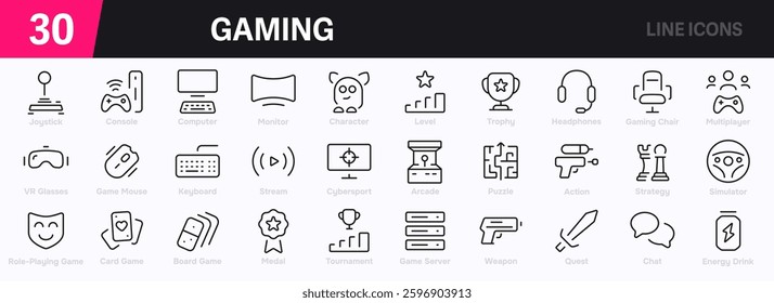 Set of 30 outline icons related to video games. This outline icon set includes game controller, joystick, headset, console, gaming PC, gaming and more. Editable stroke. Vector illustration