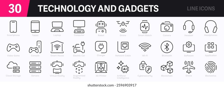 Set of 30 outline icons related to technology and gadgets. This outline icon set includes smartphones, laptops, tablets, cameras, drones, devices, and more. Editable stroke. Vector illustration