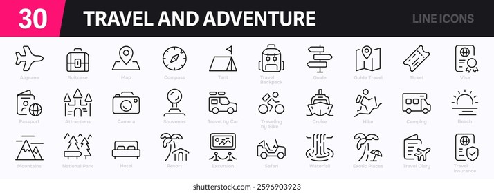Set of 30 outline icons related to travel and adventure. This outline icon set includes landmarks, luggage, maps, hiking, camping, mountains, compasses, and more. Editable stroke. Vector illustration