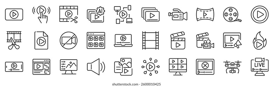 Set of 30 outline icons related to video. Linear icon collection. Editable stroke. Vector illustration