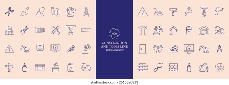 Set of 30 outline icons related to construction. This outline icon set includes helmet, hammer, wrench, crane, repair tools, builder, engineering and more. Editable stroke. Vector illustration