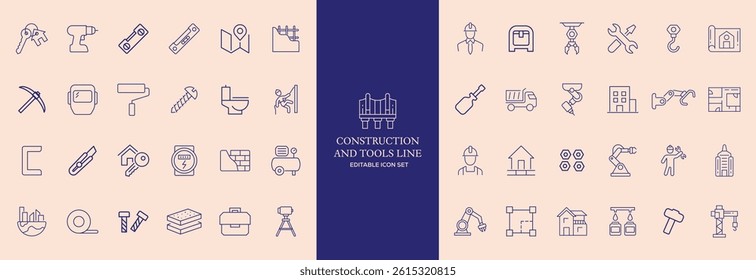 Set of 30 outline icons related to construction. This outline icon set includes helmet, hammer, wrench, crane, repair tools, builder, engineering and more. Editable stroke. Vector illustration