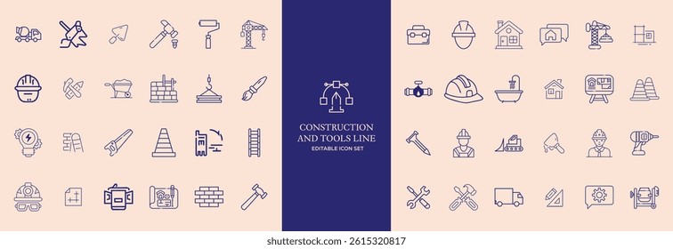 Set of 30 outline icons related to construction. This outline icon set includes helmet, hammer, wrench, crane, repair tools, builder, engineering and more. Editable stroke. Vector illustration