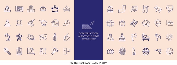 Set of 30 outline icons related to construction. This outline icon set includes helmet, hammer, wrench, crane, repair tools, builder, engineering and more. Editable stroke. Vector illustration