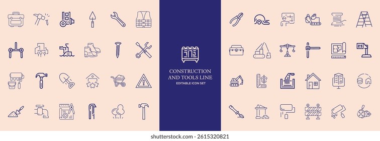 Set of 30 outline icons related to construction. This outline icon set includes helmet, hammer, wrench, crane, repair tools, builder, engineering and more. Editable stroke. Vector illustration