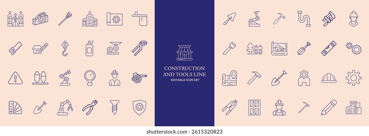 Set of 30 outline icons related to construction. This outline icon set includes helmet, hammer, wrench, crane, repair tools, builder, engineering and more. Editable stroke. Vector illustration