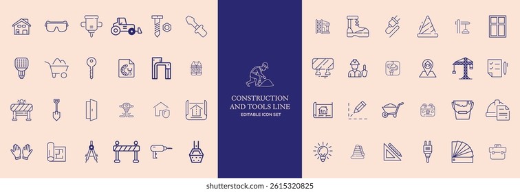 Set of 30 outline icons related to construction. This outline icon set includes helmet, hammer, wrench, crane, repair tools, builder, engineering and more. Editable stroke. Vector illustration