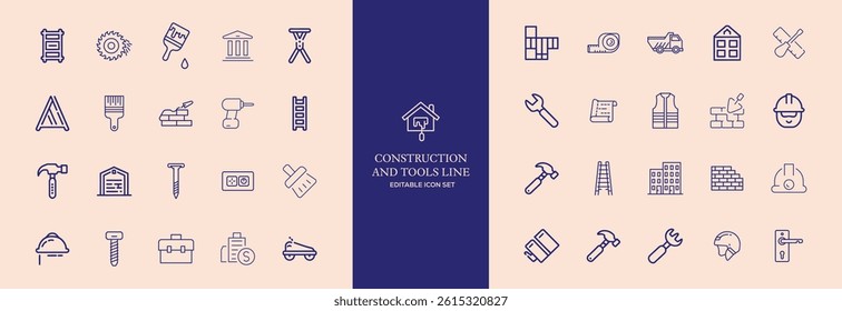 Set of 30 outline icons related to construction. This outline icon set includes helmet, hammer, wrench, crane, repair tools, builder, engineering and more. Editable stroke. Vector illustration