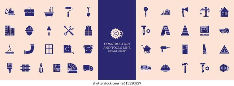 Set of 30 outline icons related to construction. This outline icon set includes helmet, hammer, wrench, crane, repair tools, builder, engineering and more. Editable stroke. Vector illustration