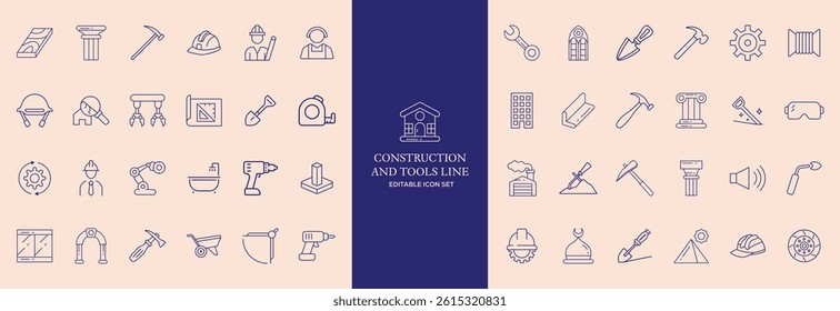 Set of 30 outline icons related to construction. This outline icon set includes helmet, hammer, wrench, crane, repair tools, builder, engineering and more. Editable stroke. Vector illustration