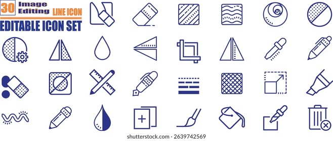 Set of 30 outline icons related to Image Editing . Linear icon collection. Editable stroke. Vector illustration