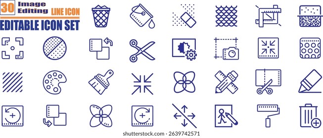 Set of 30 outline icons related to Image Editing . Linear icon collection. Editable stroke. Vector illustration