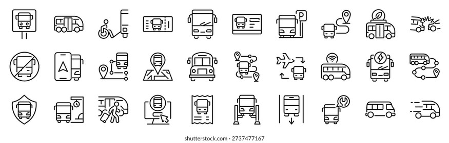 Set of 30 outline icons related to bus. Linear icon collection. Editable stroke. Vector illustration
