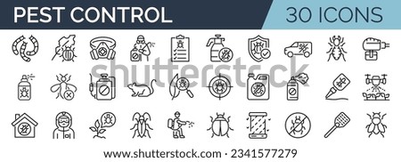 Set of 30 outline icons related to pest control, bugs, insects. Linear icon collection. Editable stroke. Vector illustration