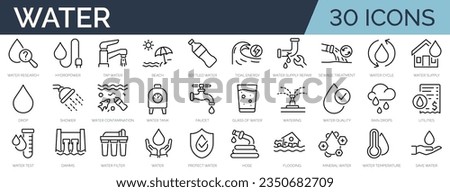 Set of 30 outline icons related to water. Linear icon collection. Editable stroke. Vector illustration