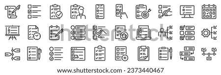 Set of 30 outline icons related to checklist, plan, task, to do list. Linear icon collection. Editable stroke. Vector illustration