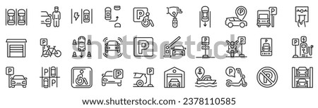 Set of 30 outline icons related to parking. Linear icon collection. Editable stroke. Vector illustration