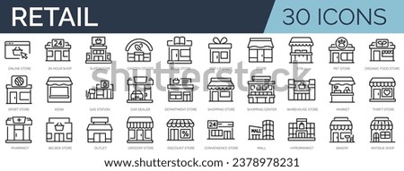 Set of 30 outline icons related to retail. Linear icon collection. Editable stroke. Vector illustration