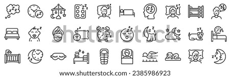 Set of 30 outline icons related to sleep. Linear icon collection. Editable stroke. Vector illustration