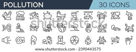 Set of 30 outline icons related to pollution. Linear icon collection. Editable stroke. Vector illustration