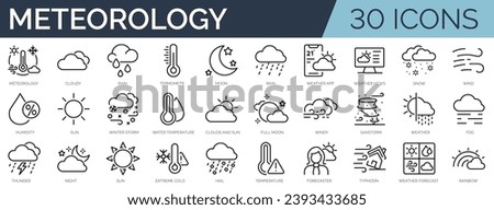 Set of 30 outline icons related to weather. Linear icon collection. Editable stroke. Vector illustration