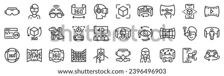 Set of 30 outline icons related to virtual reality, augmented reality. Linear icon collection. Editable stroke. Vector illustration