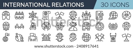 Set of 30 outline icons related to international relations. Linear icon collection. Editable stroke. Vector illustration