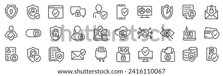 Set of 30 outline icons related to data privacy. Linear icon collection. Editable stroke. Vector illustration