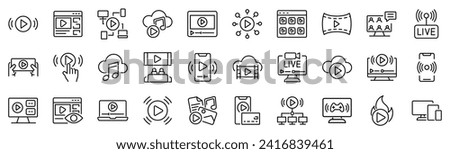 Set of 30 outline icons related to streaming media services. Linear icon collection. Editable stroke. Vector illustration