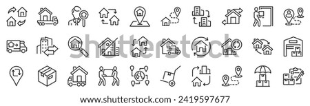 Set of 30 outline icons related to relocation. Linear icon collection. Editable stroke. Vector illustration