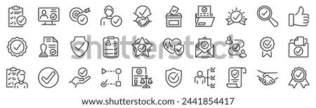 Set of 30 outline icons related to checkmark, validation. Linear icon collection. Editable stroke. Vector illustration