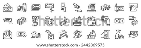 Set of 30 outline icons related to cash. Linear icon collection. Editable stroke. Vector illustration