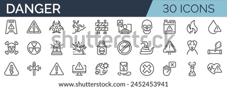 Set of 30 outline icons related to danger. Linear icon collection. Editable stroke. Vector illustration