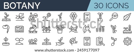 Set of 30 outline icons related to botany. Linear icon collection. Editable stroke. Vector illustration