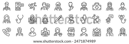 Set of 30 outline icons related to doctor. Linear icon collection. Editable stroke. Vector illustration