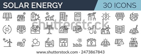 Set of 30 outline icons related to solar energy. Linear icon collection. Editable stroke. Vector illustration