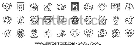 Set of 30 outline icons related to pet friendly. Linear icon collection. Editable stroke. Vector illustration