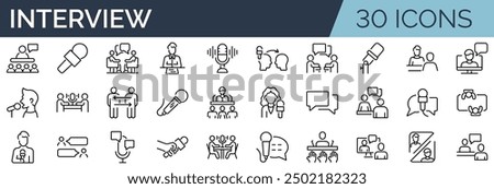 Set of 30 outline icons related to interview. Linear icon collection. Editable stroke. Vector illustration