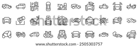 Set of 30 outline icons related to civil car. Linear icon collection. Editable stroke. Vector illustration