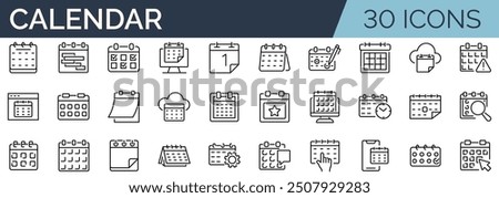 Set of 30 outline icons related to calendar. Linear icon collection. Editable stroke. Vector illustration