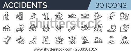 Set of 30 outline icons related to accidents. Linear icon collection. Editable stroke. Vector illustration