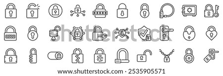 Set of 30 outline icons related to padlock. Linear icon collection. Editable stroke. Vector illustration