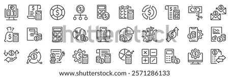 Set of 30 outline icons related to budgeting, estimation. Linear icon collection. Editable stroke. Vector illustration	