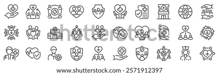 Set of 30 outline icons related to public health. Linear icon collection. Editable stroke. Vector illustration	