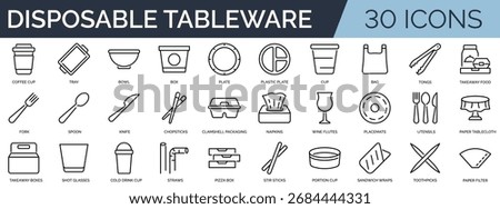 Set of 30 outline icons related to disposable tableware. Linear icon collection. Editable stroke. Vector illustration