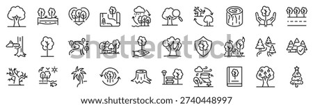 Set of 30 outline icons related to tree. Linear icon collection. Editable stroke. Vector illustration